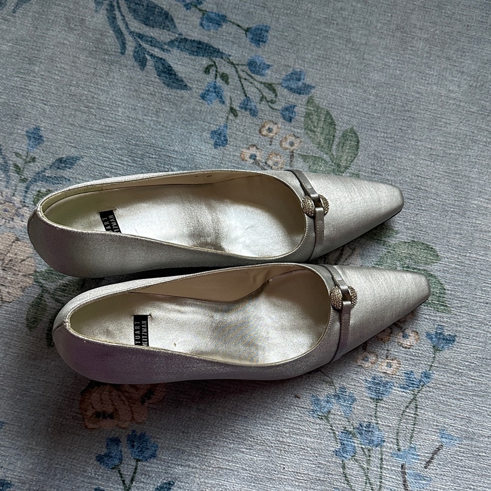 Stuart Weitzman Silver Pointed Toe Flats with Decorative Buckle